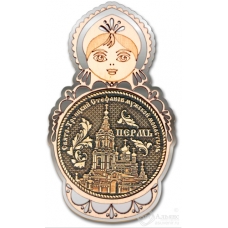 Магнит из бересты Пермь Свято-Троицкий монастырь круг Матрешка серебро
